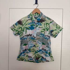 Columbia Shirt Womens Sz S Green Blue Short Sleeve Button Up Beach Tropical Camp